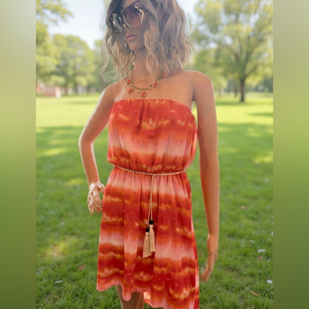 MyMichelle Orange & Pink Strapless Dress high low style mostly lined Size Small
